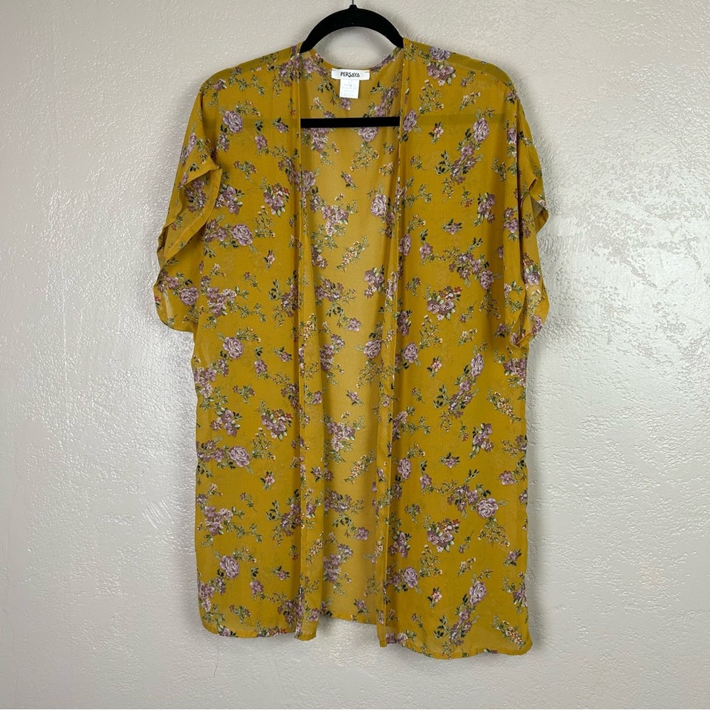 Persaya Lightweight Short Sleeve Open Front‎ Mustard Yellow Floral Kimono Boho L